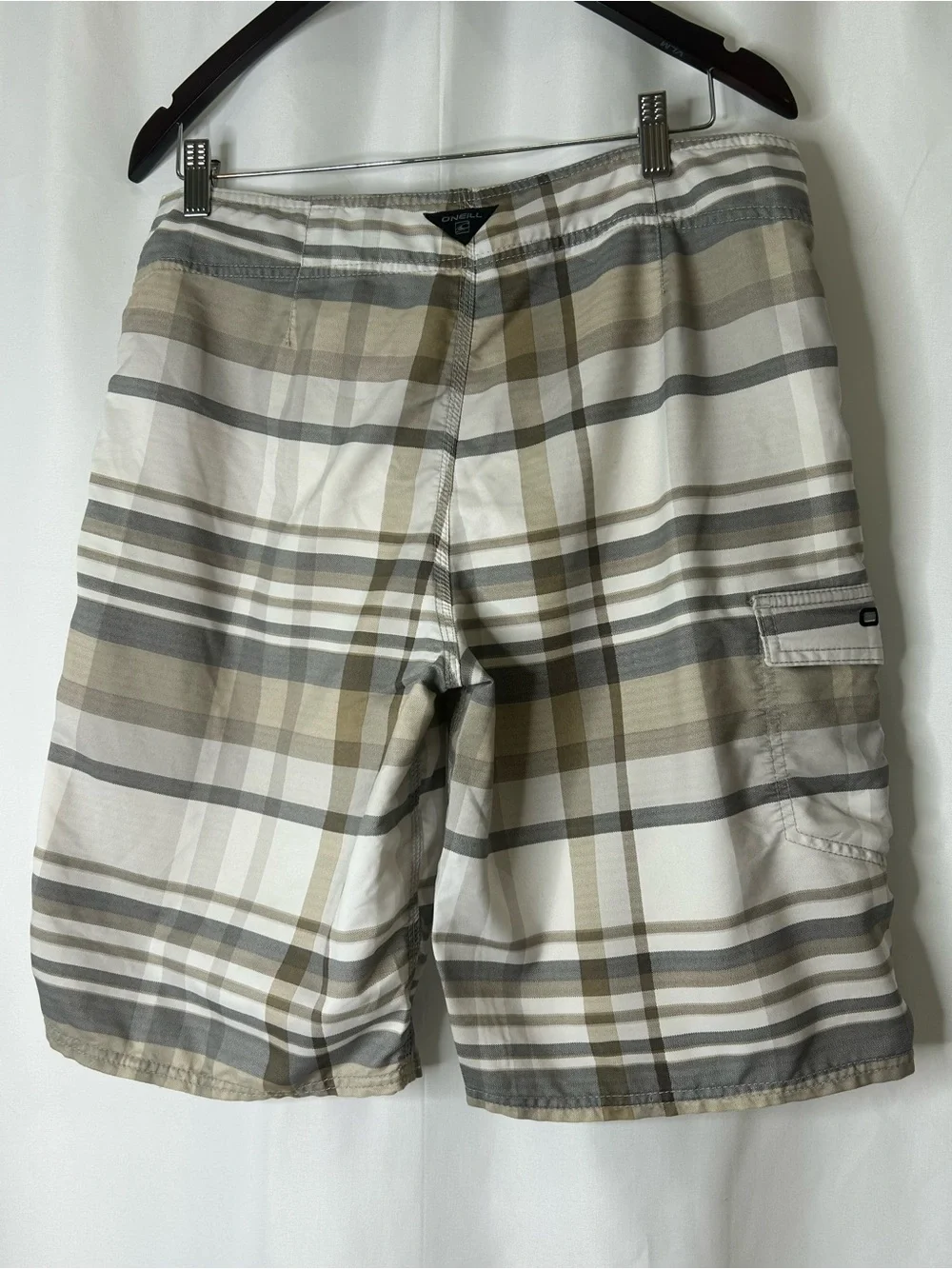 O’Neill Men’s Plaid Board Shorts Gray Beige Size 34 Surf Swim Trunks